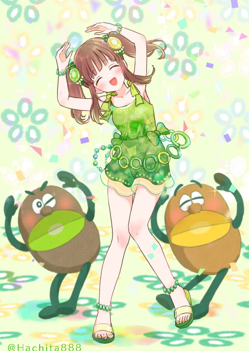 1girl 2boys ^_^ armpits arms_up bare_shoulders belly_chain blush bow bracelet brown_eyes brown_hair closed_eyes collarbone dancing dress food fruit full_body gold_(zespri) green_(zespri) green_anklet green_dress green_ribbon hair_ornament highres idolmaster idolmaster_cinderella_girls idolmaster_cinderella_girls_starlight_stage jewelry kiwi_(fruit) long_hair looking_at_viewer mitsuyahachiko multicolored_background multiple_boys music ogata_chieri open_mouth ribbon sandals see-through_clothes see-through_dress sidelocks singing sleeveless sleeveless_dress smile standing standing_on_one_leg twintails twitter_username zespri