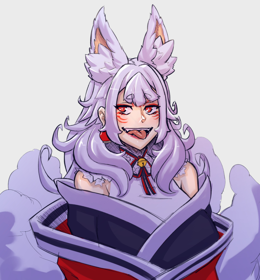 1girl animal_ear_fluff animal_ears bell black_kimono black_ribbon breasts cosmikaizer earrings english_text extra_ears fox_ears fox_girl grey_hair hair_behind_ear halterneck japanese_clothes jewelry kimono lantern_earrings large_breasts long_hair neck_bell neck_ribbon nijisanji nijisanji_en nina_kosaka nina_kosaka_(1st_costume) off_shoulder portrait red_eyes red_kimono red_ribbon ribbon short_eyebrows single_earring solo virtual_youtuber