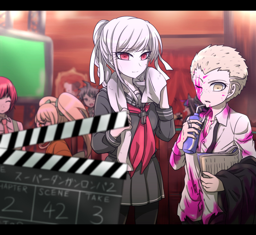 2boys 4girls black_serafuku blonde_hair blood book bottle braid breasts brown_hair clapperboard commentary_request danganronpa_(series) danganronpa_2:_goodbye_despair freckles glasses grey_hair hair_ornament hair_ribbon hinata_hajime holding holding_book holding_bottle jacket japanese_clothes kimono koizumi_mahiru kuzuryu_fuyuhiko long_hair long_sleeves looking_at_viewer mioda_ibuki multiple_boys multiple_girls necktie open_mouth orange_kimono pekoyama_peko pink_blood red_eyes red_hair red_necktie ribbon saionji_hiyoko school_uniform serafuku shirt short_hair skirt smile towel twin_braids twintails unworn_eyewear unworn_necktie white_shirt yellow_eyes zi_huahuo
