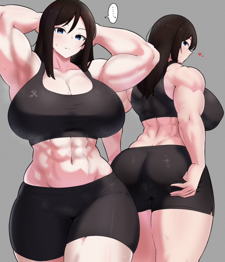 ... 1girl abs alternate_breast_size alternate_muscle_size amogan armpits arms_behind_head ass bike_shorts black_hair black_shorts black_sports_bra blue_eyes breasts cleavage closed_mouth commentary cowboy_shot emblem frown girls_und_panzer grabbing_own_ass grey_background heart highres huge_breasts long_hair looking_at_viewer looking_back multiple_views muscular muscular_female navel nonna_(girls_und_panzer) pravda_(emblem) shorts spoken_ellipsis sports_bra sportswear standing sweat swept_bangs thick_thighs thighs