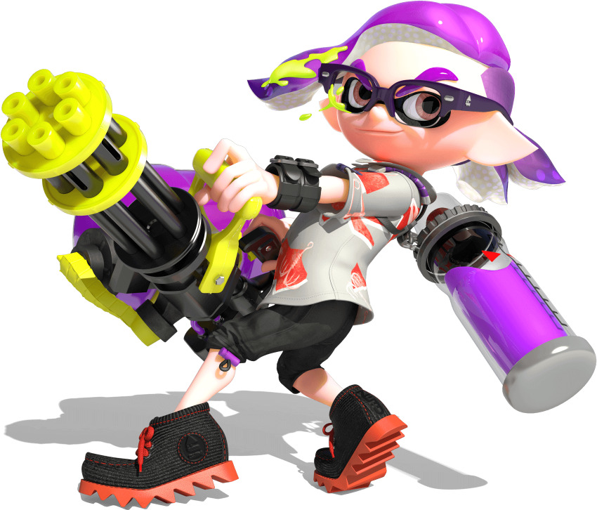 1boy 3d armband black_pants black_shoes colored_shoe_soles comb_over dynamic_pose eye_mask full_body glasses gradient_hair heavy_splatling_(splatoon) highres holding holding_weapon ink_tank_(splatoon) inkling inkling_boy inkling_player_character kensaki_(splatoon) looking_at_viewer moccasins multicolored_hair nintendo official_art orange_eyes paint_splatter paint_splatter_on_face pale_skin pants purple_hair shoes short_hair short_sleeves shorts sidelocks smile sneakers solo splatoon_(series) splatoon_2 spotted_hair suction_cups tentacle_hair thick_eyebrows transparent_background two-tone_hair v-shaped_eyebrows weapon