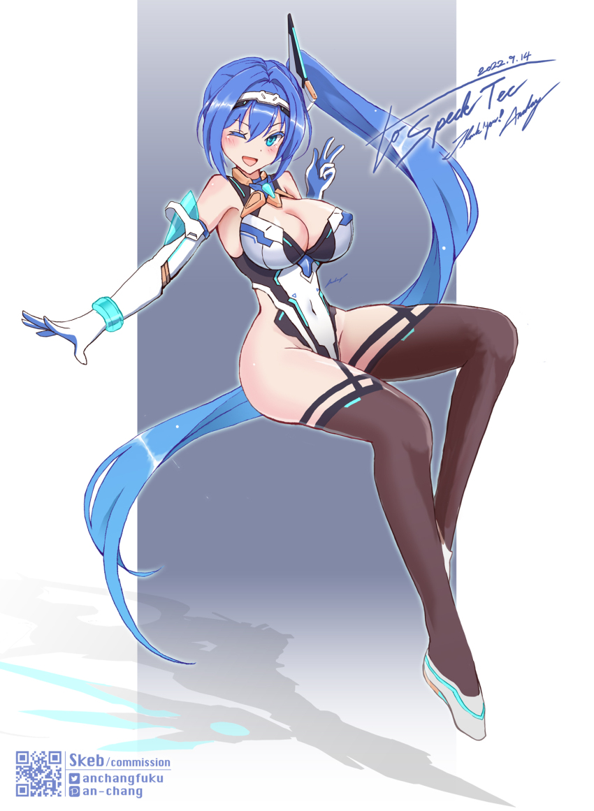 1girl ;d absurdly_long_hair an-chang artist_name bare_shoulders blue_eyes blue_hair blush breasts cleavage commission covered_navel dated elbow_gloves full_body gloves hair_between_eyes highleg highleg_leotard highres large_breasts leotard long_hair looking_at_viewer one_eye_closed open_mouth original pixiv_id qr_code shadow side_ponytail signature skeb_commission smile solo thighhighs twitter_username v very_long_hair white_gloves white_leotard