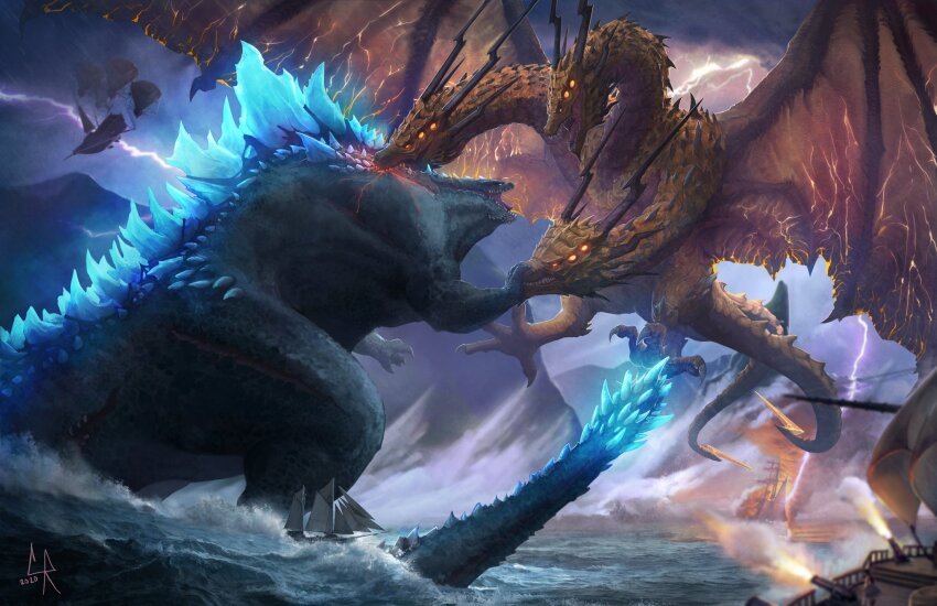 aircraft airship battle bioluminescence cannon capcom chipyray claws cloud commentary creature crossover deviljho dinosaur dragon electricity english_commentary fangs fusion giant giant_monster glowing glowing_eyes glowing_mouth glowing_wings godzilla godzilla:_king_of_the_monsters godzilla_(monsterverse) godzilla_(series) gold_skin highres horns kaiju king_ghidorah king_ghidorah_(monsterverse) oversized_wings legendary_pictures lightning monster monster_focus monster_hunter:_world monster_hunter_(series) monsterverse multiple_heads multiple_tails no_humans open_mouth safi&#039;jiiva scales sharp_teeth ship sky slit_pupils spikes spines tail teeth toho water watercraft wings xeno&#039;jiiva yellow_eyes