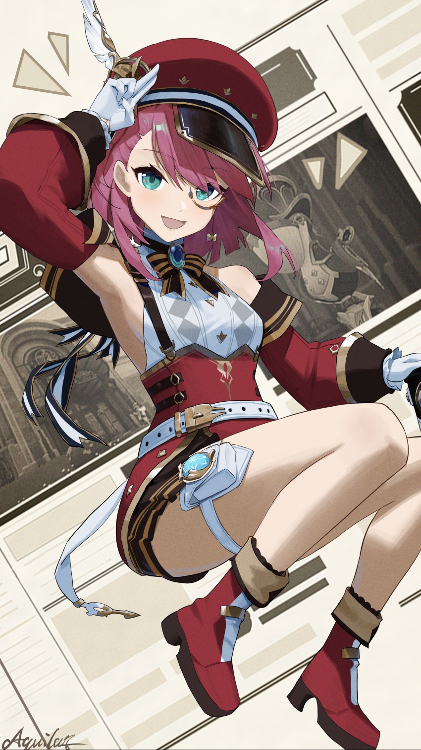 1girl absurdres apron aqua_eyes aquilar arm_up armpits bare_legs bare_shoulders belt bird black_ribbon blue_gemstone boots camera charlotte_(genshin_impact) detached_sleeves full_body gem genshin_impact gloves hair_between_eyes hat highres holding holding_camera jewelry legs long_sleeves looking_at_viewer miniskirt monocle news newspaper open_mouth pelican pink_hair pixiv_username red_boots red_hat red_skirt red_sleeves ribbon salute skirt sleeveless smile solo thigh_strap thighs two-finger_salute vision_(genshin_impact) white_apron white_belt white_gloves yellow_background