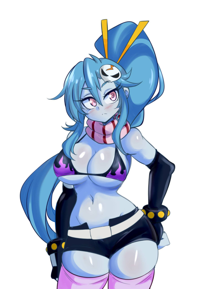 1girl :&lt; alternate_hairstyle bare_shoulders bikini bikini_top_only blue_hair blue_skin blush breasts cleavage colored_skin cosplay curvy elbow_gloves expressionless fingerless_gloves gloves hair_ornament hairclip hand_on_own_hip high_ponytail highres large_breasts long_hair looking_at_viewer lucy_(lucyfer) lucyfer navel original pink_eyes ponytail scarf shiny_skin shirt short_shorts shorts simple_background solo standing striped_clothes striped_scarf swimsuit tengen_toppa_gurren_lagann thighhighs thighs very_long_hair white_background wide_hips yoko_littner yoko_littner_(cosplay)