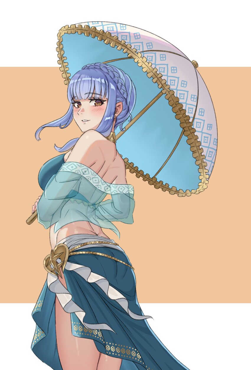 1girl absurdres ass back bikini blue_bikini blue_hair blue_sarong braid breasts brown_eyes crown_braid emmettart fire_emblem fire_emblem:_three_houses fire_emblem_heroes from_behind highres holding holding_umbrella large_breasts looking_at_viewer marianne_von_edmund marianne_von_edmund_(summer) nintendo off-shoulder_bikini off_shoulder official_alternate_costume pantylines parasol sarong see-through_clothes skin_tight smile swimsuit thighs umbrella