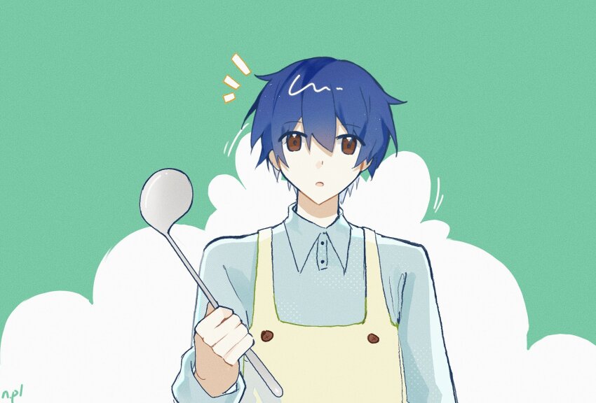 1boy apron blue_hair brown_eyes date_a_live highres itsuka_shidou n.(pl) short_hair solo