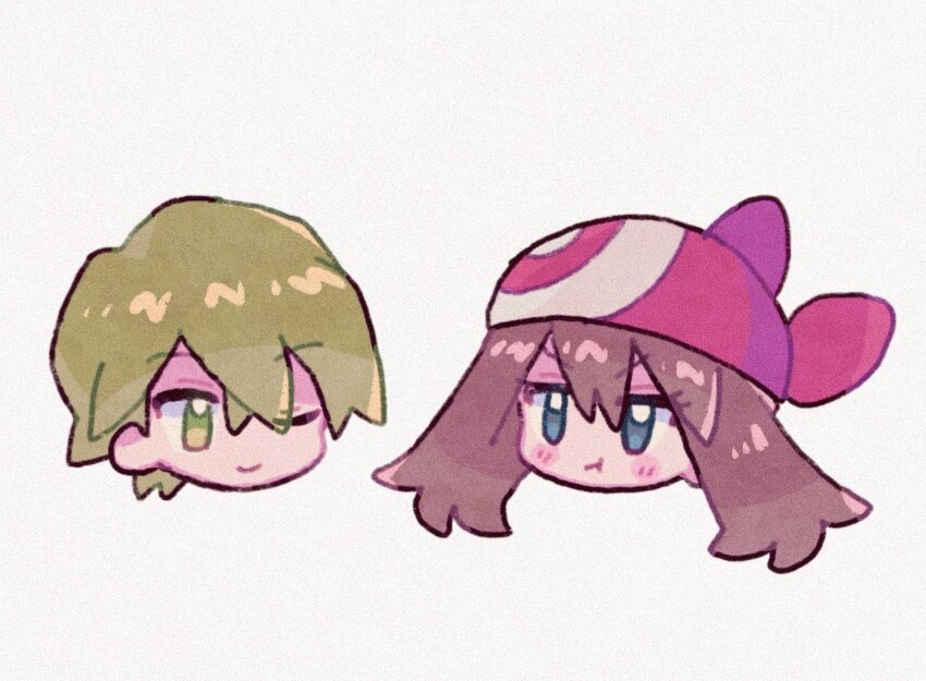 1boy 1girl ;) bandana blue_eyes brown_hair closed_mouth drew_(pokemon) green_eyes green_hair hair_between_eyes head looking_at_another may_(pokemon) mgomurainu nintendo one_eye_closed pokemon pokemon_(anime) pokemon_rse_(anime) pout red_bandana smile