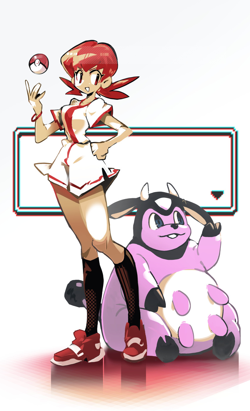 1girl absurdres black_socks blue_eyes breasts gen_2_pokemon hand_on_own_hip highres kneehighs miltank nintendo poke_ball poke_ball_(basic) pokemon pokemon_(creature) pokemon_gsc red_eyes red_hair shakeeeeeeeee shirt shoes short_sleeves shorts simple_background socks standing twintails udder white_shirt white_shorts whitney_(pokemon)