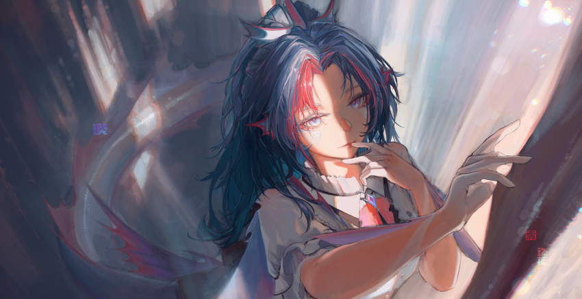 1girl absurdres blue_eyes blue_hair collared_shirt fins hand_on_own_face hand_up head_fins highres long_hair long_tail mermaid mithiril monster_girl multicolored_hair original parted_bangs red_hair shirt solo tail white_shirt