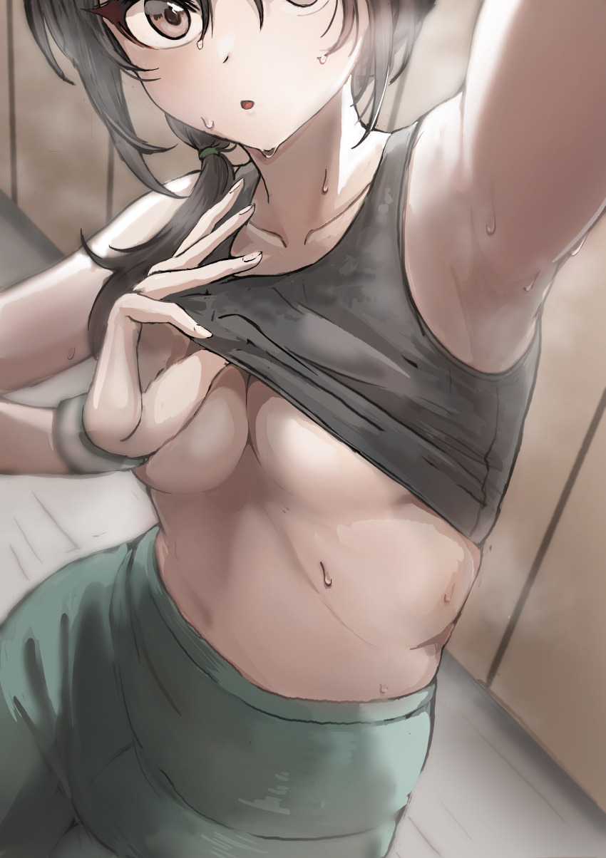 1girl absurdres aoki_kei armpits black_tank_top breasts cleavage clothes_lift collarbone commentary_request convenient_censoring green_pants highres idolmaster idolmaster_cinderella_girls looking_at_viewer medium_breasts pants ponytail revision shirt_lift short_ponytail side_ponytail solo steam steaming_body sweatdrop tank_top trainer_(idolmaster) underboob ushimochi wristband