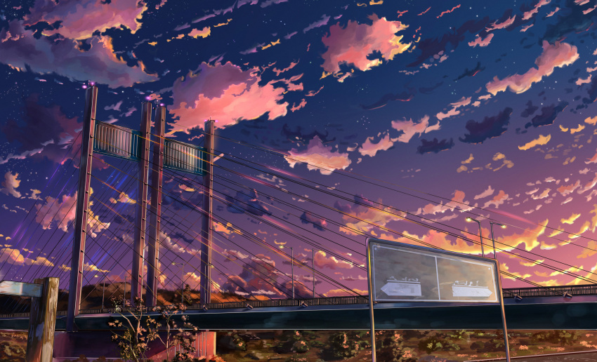 absurdres bridge cloud commentary_request evening fence grass highres no_humans original plant purple_sky qdsn scenery sign sky star_(sky) sunset suspension tree twilight