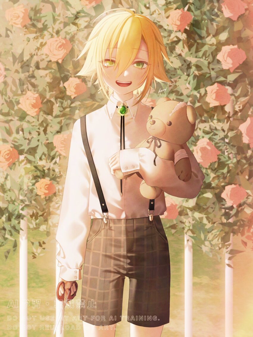 1boy absurdres alternate_costume blonde_hair blurry brown_shorts collared_shirt cowboy_shot dazz_(dazz_gp3yd) flower gem green_eyes green_gemstone hair_flaps highres holding holding_scissors holding_stuffed_toy long_sleeves male_focus neck_ribbon nijisanji outdoors red_flower red_rose ribbon rose rose_bush scissors shirt short_hair shorts sleeves_past_wrists smile solo stuffed_animal stuffed_toy suspenders teddy_bear teeth upper_teeth_only uzuki_kou virtual_youtuber watermark white_shirt