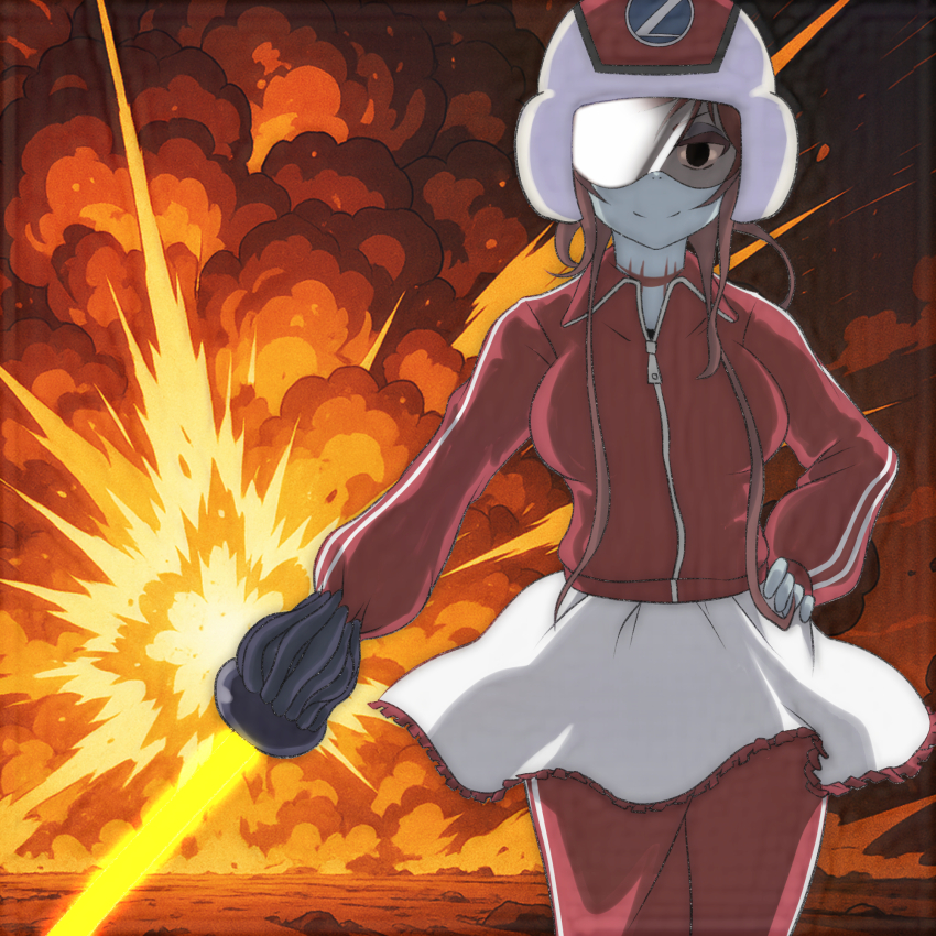 1girl arm_cannon black_eyes blue_skin breasts brown_hair colored_skin explosion firing hand_on_own_hip helmet highres jacket large_breasts laser long_sleeves looking_at_viewer pants red_helmet red_jacket red_pants rock short_hair sidelocks skirt smile standing stitches superhero_costume t_jiroo_(ringofriend) track_jacket track_pants track_suit weapon white_skirt yuugiri_(zombie_land_saga) zombie zombie_land_saga