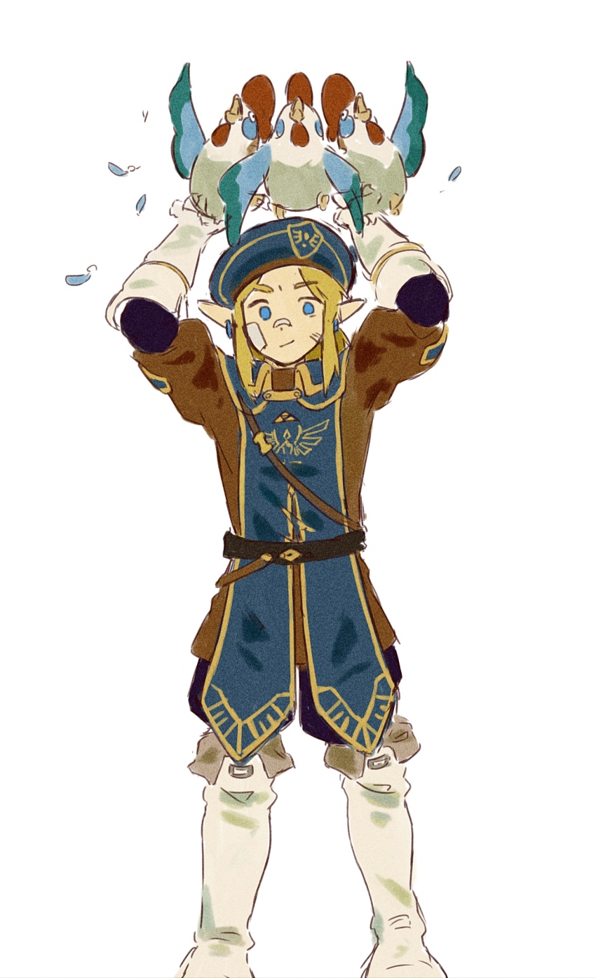 1boy blonde_hair blue_eyes blue_hat blue_tabard boots closed_mouth cucco feet_out_of_frame gauntlets hat highres link male_focus nintendo pointy_ears ricmoo3 sidelocks simple_background solo tabard the_legend_of_zelda the_legend_of_zelda:_breath_of_the_wild white_background white_boots