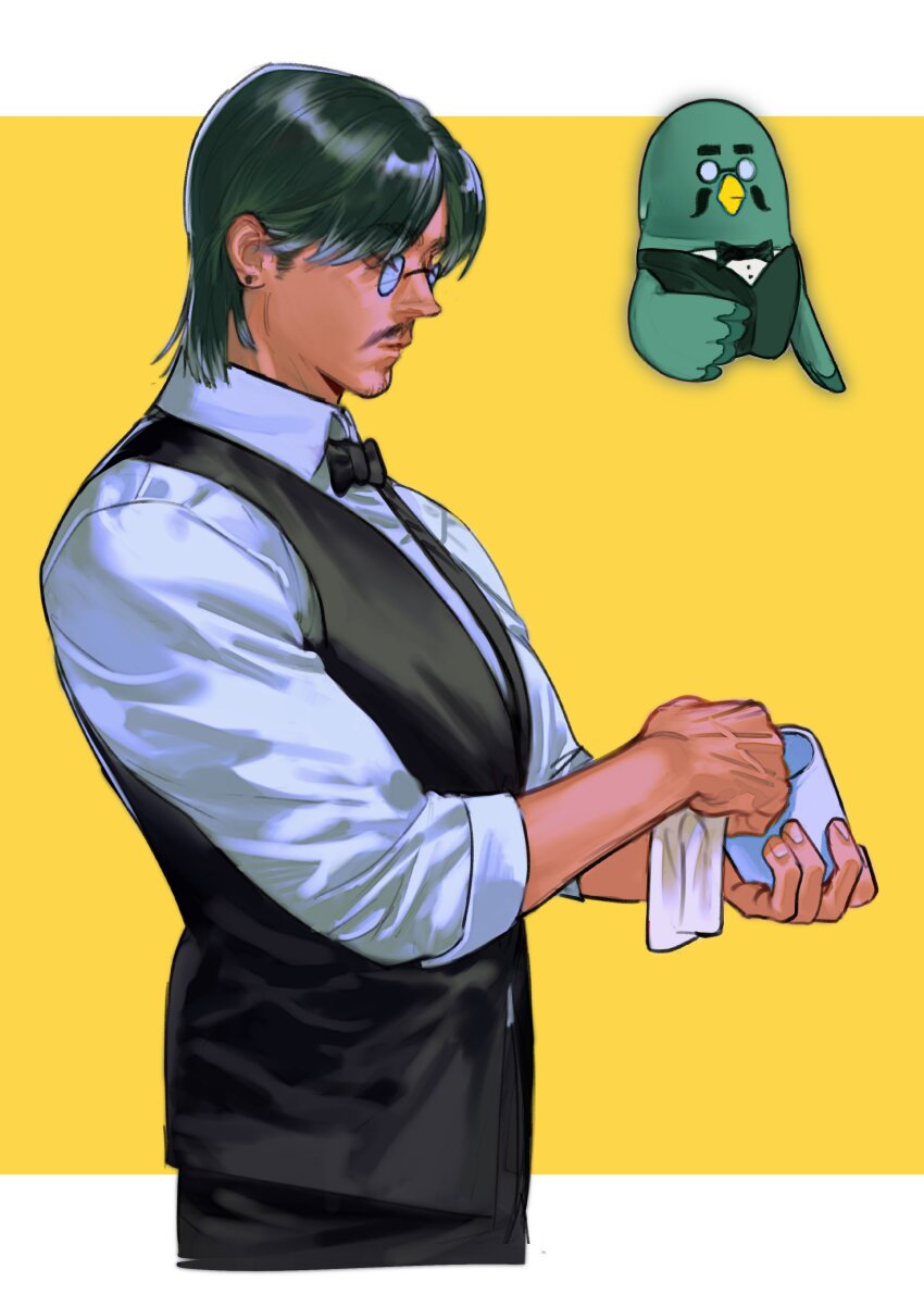 1boy absurdres animal animal_crossing arms_up bird black_bow black_bowtie black_pants black_vest bow bowtie brewster_(animal_crossing) collared_shirt cropped_legs cup dress_shirt ear_piercing earrings facial_hair glass glasses goatee green_hair hair_between_eyes highres holding holding_cup humanization jewelry male_focus mustache nintendo pants piercing pigeon pince-nez reference_inset round_eyewear shirt sleeve_cuffs sleeves_rolled_up solo vest wash_cloth white_shirt wing_collar zuoshan123