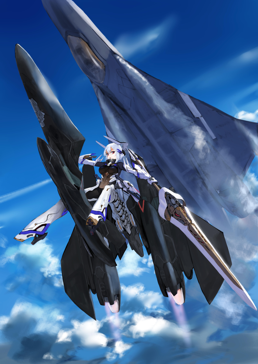 1girl absurdres aircraft airplane armor armored_boots black_bodysuit blue_sky bodysuit boots breasts canopy_(aircraft) cloud cloudy_sky commentary contrail day double-parted_bangs english_commentary exhaust fighter_jet flying hair_between_eyes headgear high_heel_boots high_heels highres holding holding_polearm holding_weapon lance large_breasts legs_apart looking_at_viewer machinery mecha_musume mikan_lemon military_vehicle open_mouth original outdoors outstretched_arms polearm red_eyes science_fiction short_hair sky solo spread_arms thrusters weapon white_hair