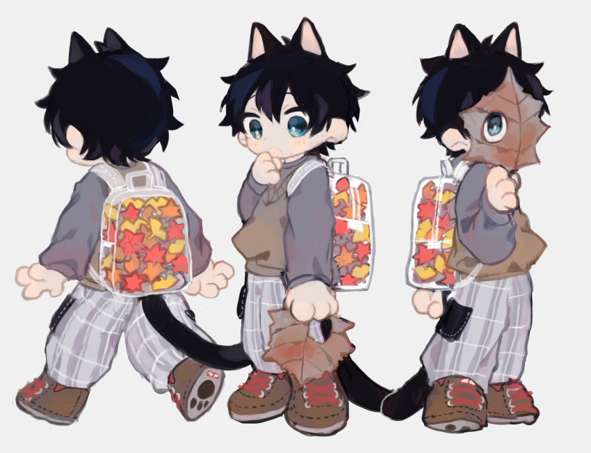 1boy animal_ears autumn_leaves backpack bag black_hair blue_eyes blush_stickers brown_shoes brown_sweater_vest cat_boy cat_ears cat_tail commentary_request cotono_(nazekun) cross-laced_shoes full_body grey_background grey_pants grey_shirt highres holding holding_leaf leaf leaf_over_eye long_sleeves male_focus multiple_views neko-kun_(cotono_(nazekun)) open_mouth original pants plaid_clothes plaid_pants pocket shirt shoes short_hair simple_background sweater_vest tail transparent_bag