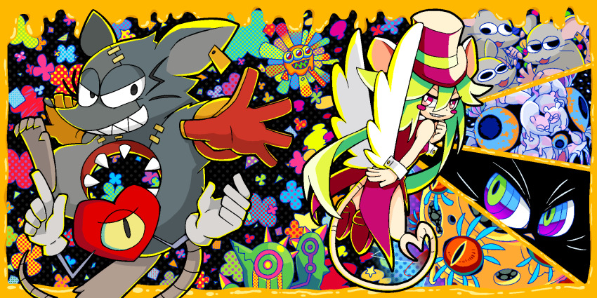1girl 2boys _rat angry animal_ears blue_eyes blush_stickers breasts cat ear_tag ghost_rat_(mad_rat_dead) gloves green_hair hat heart_(mad_rat_dead) highres hole_on_body leotard mad_rat_dead mimolette_(mad_rat_dead) mob_rat_(mad_rat_dead) mouse_(animal) mouse_ears mouse_girl mouse_tail multiple_boys multiple_eyes nightmares_(mad_rat_dead) nippon_ichi rat_god red_eyes stitches tail the_cat_(mad_rat_dead) top_hat whiskers wings wrist_cuffs