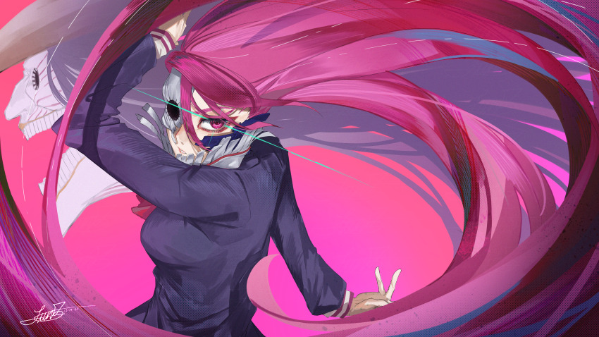 1girl absurdres acrobatic_silky_(dandadan) blazer blue_jacket dandadan half_mask highres jacket lmn3_illust long_hair looking_at_viewer mask pink_eyes pink_hair school_uniform shiratori_aira_(dandadan) signature very_long_hair