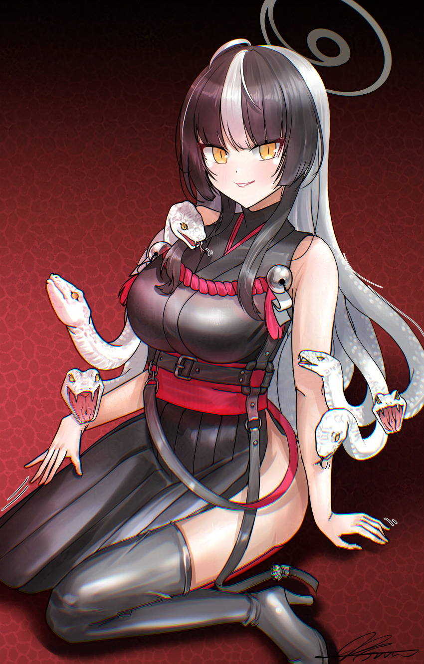 1girl absurdres azami_(blue_archive) black_boots black_kimono blue_archive boots grey_halo halo highres japanese_clothes kimono multicolored_hair sleeveless slit_pupils snake snake_hair solharuu solo thighs two-tone_hair white_snake yellow_eyes