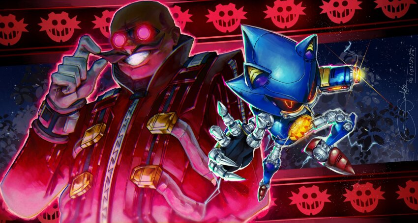 1boy 1other android animal_ears arm_cannon bald commentary dr._eggman eggman_empire_logo facial_hair garabatako glasses gloves glowing glowing_eyes grin hedgehog highres humanoid_robot jacket joints male_focus metal_sonic mustache red_eyes red_jacket robot robot_joints smile sonic_(series) weapon white_gloves