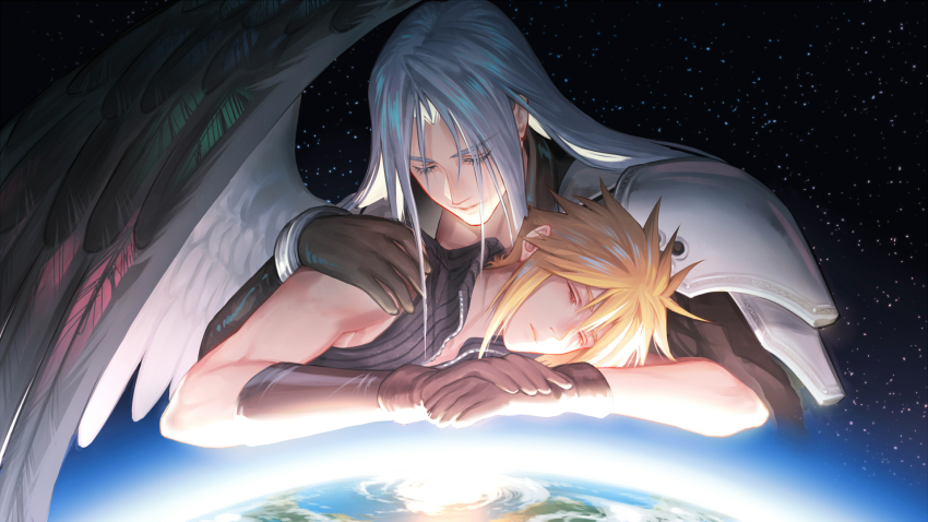 2boys armor black_gloves black_jacket black_shirt black_wings blonde_hair closed_eyes cloud_strife earth_(planet) eilinna feathered_wings final_fantasy final_fantasy_vii final_fantasy_vii_advent_children gloves grey_hair hair_between_eyes hand_on_another&#039;s_shoulder highres jacket long_bangs long_hair male_focus multiple_boys parted_bangs planet sephiroth shirt short_hair shoulder_armor single_wing sky sleeping sleeveless sleeveless_shirt space spiked_hair star_(sky) starry_sky upper_body wings yaoi
