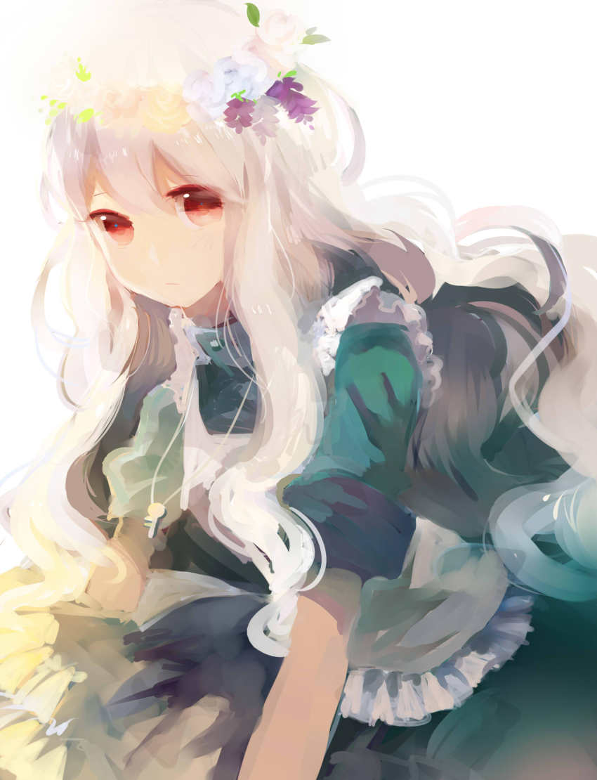 1girl dress female_focus head_wreath highres jamjar77 jewelry kagerou_project key kozakura_marry long_hair necklace red_eyes silver_hair solo