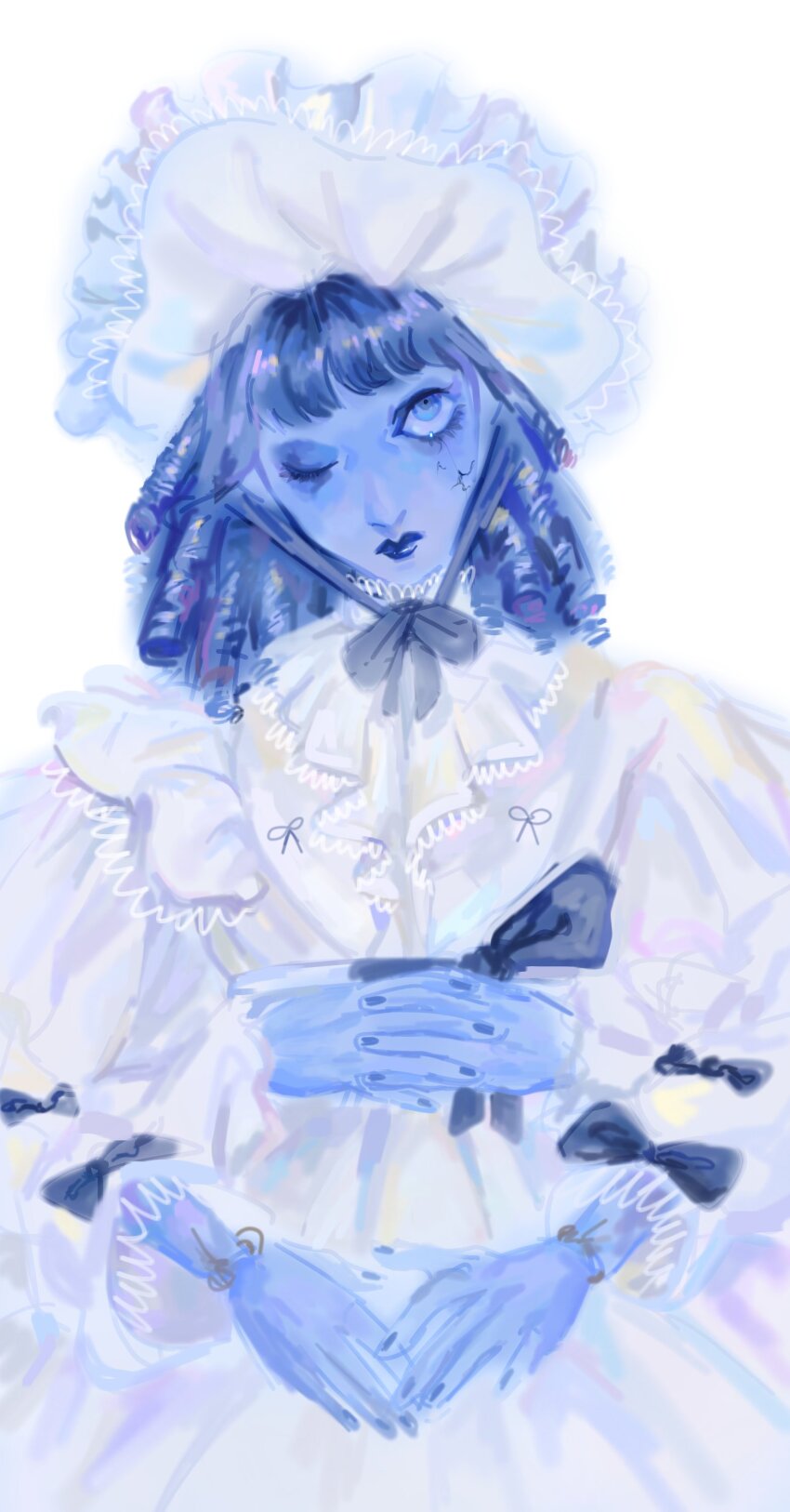 1girl absurdres aureocaelo blue_hair blue_lips blue_skin bonnet bow closed_mouth colored_skin dress elden_ring extra_arms frilled_bonnet frilled_dress frills highres lolita_fashion mana_(malice_mizer) one_eye_closed ranni_the_witch solo visual_kei white_dress