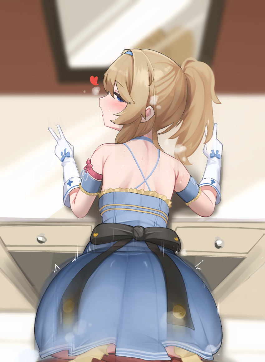 1girl absurdres arm_garter armpit_crease black_bow blonde_hair blue_dress blue_eyes blue_hairband blush bow daebom double_v dress from_behind girls&#039;_frontline girls&#039;_frontline_2:_exilium gloves hairband highres implied_sex looking_back official_alternate_costume open_mouth ponytail sex sex_from_behind v vepley_(girls&#039;_frontline_2) vepley_(summer_echoes)_(girls&#039;_frontline_2) white_gloves