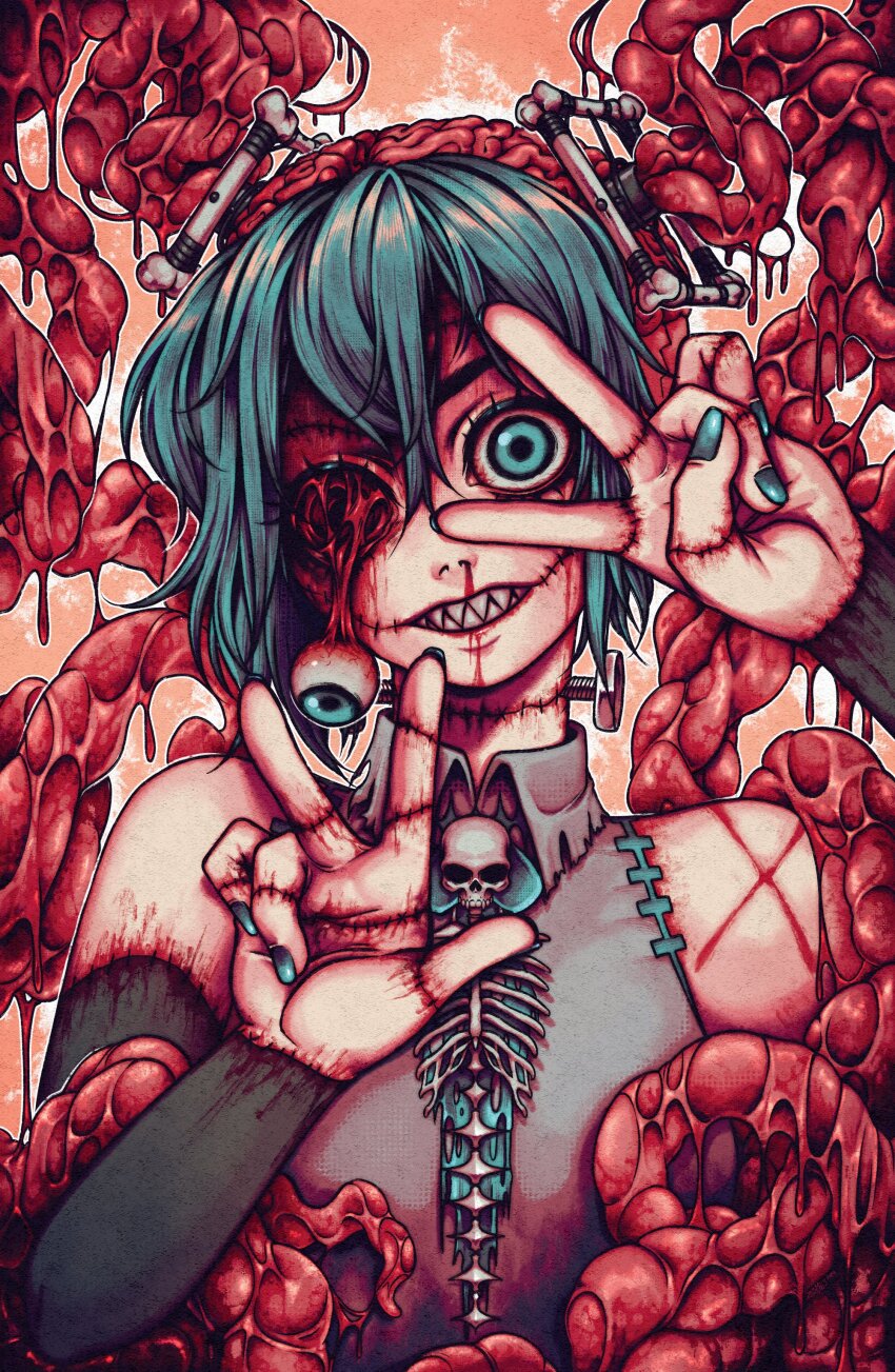 1girl absurdres artist_name blood blood_from_mouth blue_eyes blue_hair blue_nails bone bone_hair_ornament brain crazy_grin crazy_smile dangling_eye exposed_brain hair_ornament hatsune_miku highres intestines long_sleeves looking_at_viewer nosebleed screw_in_body sharp_teeth shirt skull_brooch skull_ornament sleeveless sleeveless_shirt smile solo stitched_arm stitched_fingers stitched_mouth stitched_neck stitched_sleeves stitches teeth v vocaloid w zombi3guts
