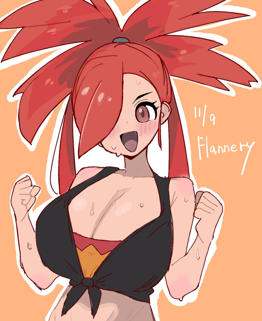 1girl bandeau bare_shoulders black_shirt blush breasts character_name cleavage cropped_shirt dated flannery_(pokemon) hair_over_one_eye highres huge_breasts large_breasts long_hair looking_to_the_side nintendo open_mouth orange_background outline pokemon pokemon_oras ponytail red_bandeau red_eyes red_hair shirt sidelocks simple_background solo spacecrab tied_shirt white_outline