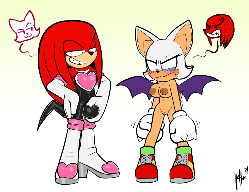 absurdres angry animal_ears body_switch bodysuit boots breasts bulge cosplay costume_switch crossdressing crotch_grab elbow_gloves embarrassed gloves grabbing_own_crotch high_heels highres knuckles_the_echidna large_breasts latex latex_bodysuit latex_boots latex_gloves naked_footwear nipples personality_switch pussy qqlettuce rouge_the_bat sega smug sonic_(series) tagme wings