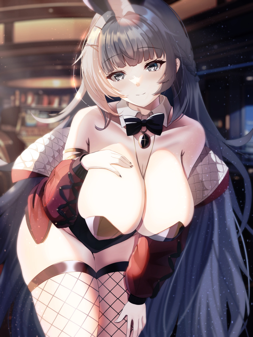1girl animal_ears azur_lane black_leotard blurry blurry_background breasts cleavage commission detached_collar fake_animal_ears fishnet_thighhighs fishnets grey_hair hand_on_own_chest hanging_breasts highres huge_breasts jacket leaning_forward leotard long_hair long_sleeves padded_jacket pixiv_commission playboy_bunny rabbit_ears solo tako-san_wiener_(takosanuma) thighhighs very_long_hair vittorio_veneto_(azur_lane)