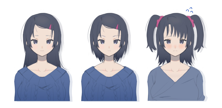 1girl alternate_hairstyle aran_sweater black_eyes black_hair blue_sweater blush breasts cable_knit collarbone cropped_torso embarrassed flying_sweatdrops grey_shirt hair_ornament hair_scrunchie hairclip highres hrdrifter large_breasts long_hair looking_at_viewer multiple_views niimura_haruka scrunchie shigatsu_youka shirt short_hair simple_background straight-on sweater swept_bangs two_side_up upper_body variations white_background