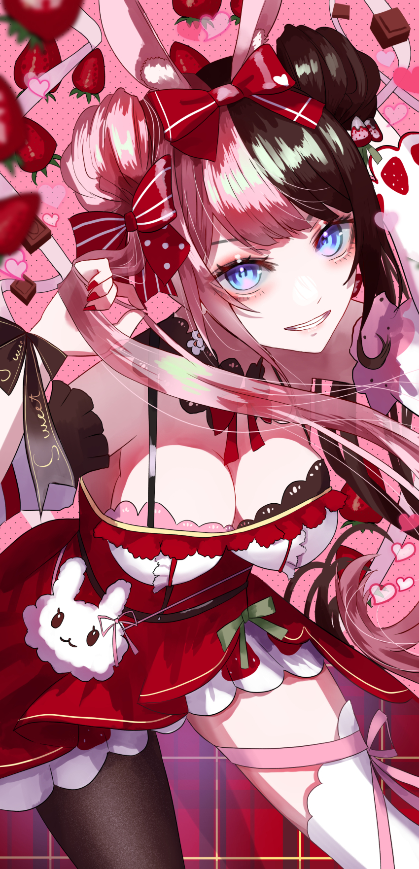 1girl absurdres asymmetrical_legwear blue_eyes blush breasts cleavage detached_sleeves dress food food-themed_hair_ornament food_print fruit fruit_print hair_bun hair_ornament highres looking_at_viewer medium_breasts multicolored_hair off_shoulder pink_hair red_dress red_ribbon ribbon single_thighhigh smile solo split-color_hair strawberry strawberry_hair_ornament strawberry_print tachibana_hinano tachibana_hinano_(4th_costume) thighhighs twintails two-tone_hair virtual_youtuber vspo! yusuke_(shiota)