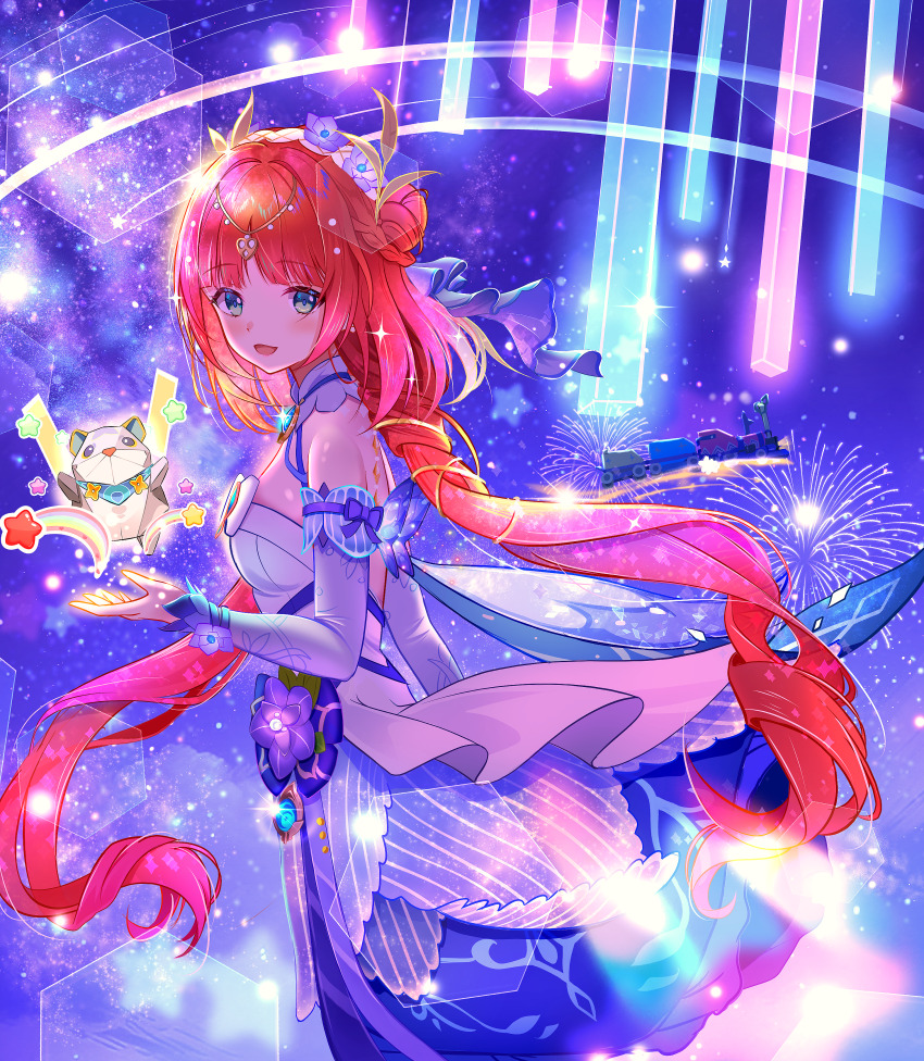1girl absurdres aqua_eyes bare_shoulders blue_dress blue_gemstone blue_sleeves blush bow breasts circlet commentary_request detached_sleeves dress flower from_side gem genshin_impact hair_bun hair_flower hair_ornament hand_up highres long_hair looking_at_viewer medium_breasts nilou_(breeze_of_sabaa)_(genshin_impact) nilou_(genshin_impact) official_alternate_costume open_mouth purple_bow purple_flower purple_ribbon red_hair ribbon shou_choujin_juntuan sleeveless sleeveless_dress solo very_long_hair vision_(genshin_impact) white_dress