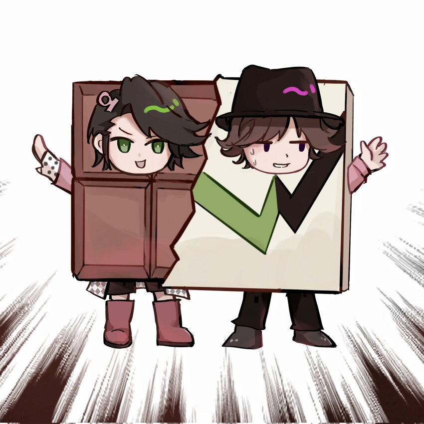 2boys black_hair boots brown_hair candy chocolate chocolate_bar fedora food green_eyes hat hidari_shoutarou highres kamen_rider kamen_rider_w long_sleeves male_focus multiple_boys philip_(kamen_rider) smile tokusatsu zheye3hao