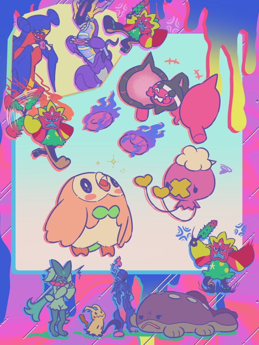 +++ ^_^ anger_vein black_eyes blush_stickers bright_pupils ceruledge claws clodsire closed_eyes club_(weapon) commentary_request drifloon frown garchomp gen_4_pokemon gen_7_pokemon highres holding holding_club holding_weapon mask meowscarada mimikyu miraidon mokukitusui nintendo ogerpon open_mouth pecharunt pokemon rowlet sparkle standing weapon white_pupils yellow_eyes
