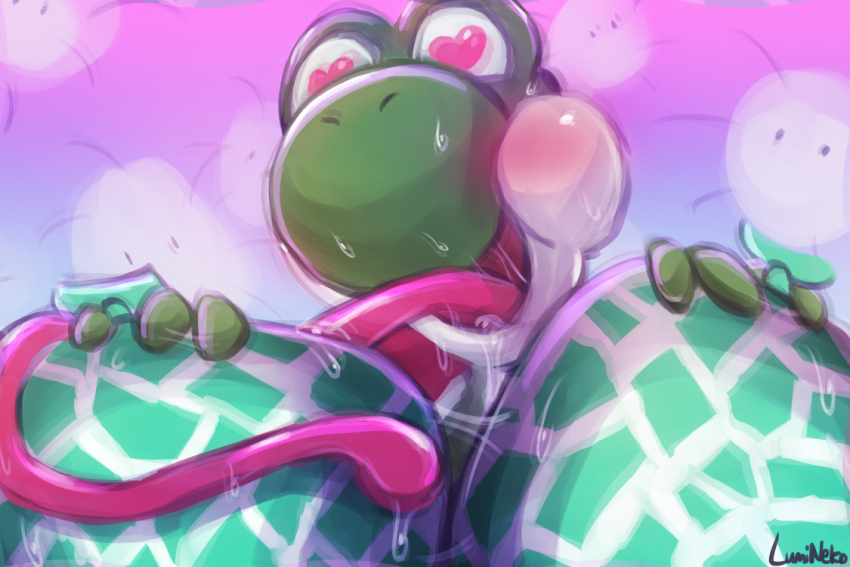 1boy blush cloud commentary english_commentary food fruit heart heart-shaped_pupils long_tongue lumineko male_focus melon open_mouth solo symbol-shaped_pupils tongue very_long_tongue yoshi yoshi&#039;s_story