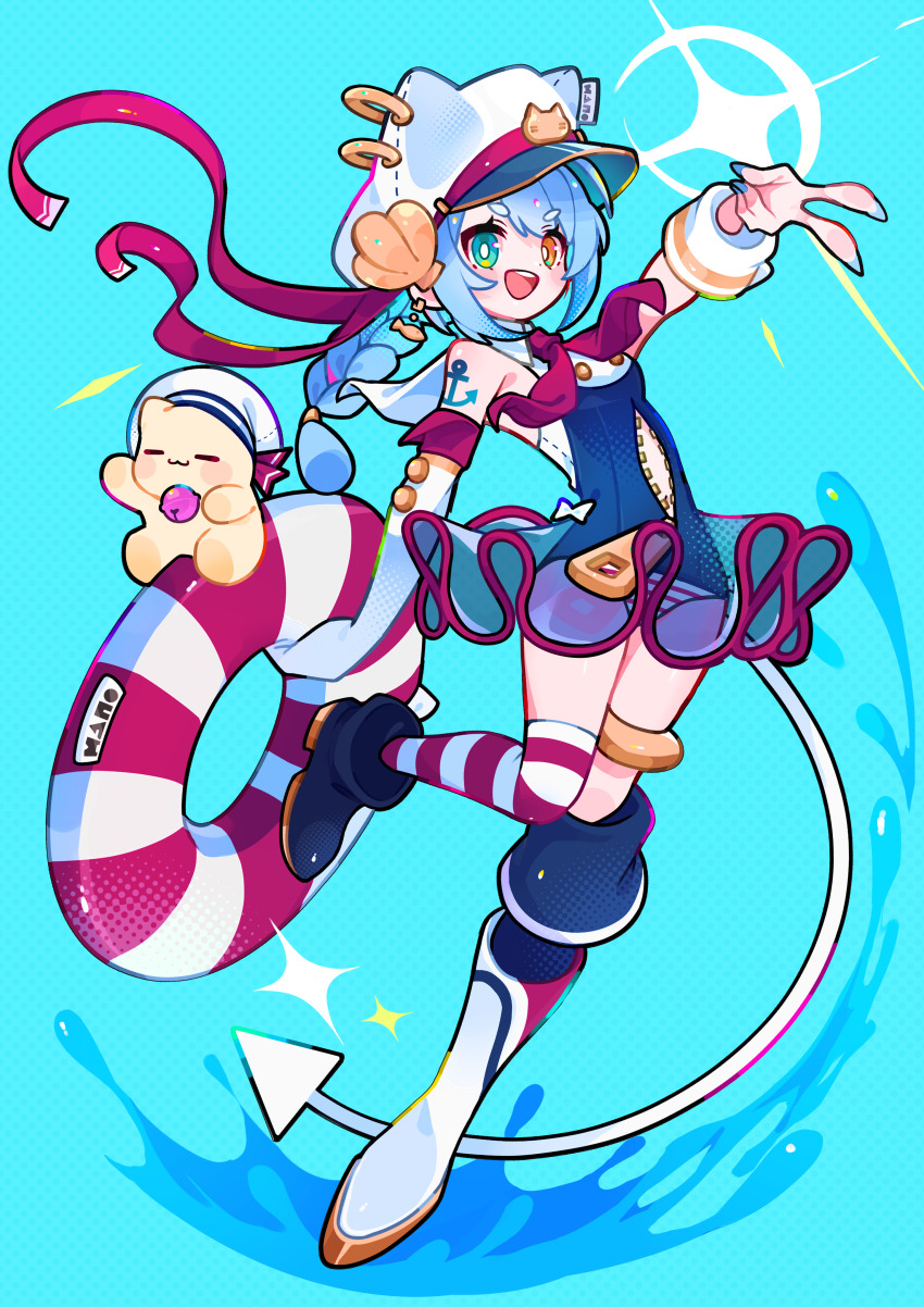 1girl :d absurdres anchor_symbol anchor_tattoo animal_ear_headwear animal_ears aqua_eyes arm_up asymmetrical_footwear asymmetrical_legwear black_footwear black_leotard blue_background blue_nails boots borrowed_character braid braided_ponytail breasts bright_pupils cat cat_ears cat_hat_ornament clothing_cutout colored_lineart commission demon_tail earrings ebichiranai fake_animal_ears fish_earrings floating_earrings full_body gloves halterneck happy hat hat_ornament heterochromia highres holding holding_swim_ring innertube jewelry knee_up leotard mismatched_footwear mismatched_legwear nail_polish neckerchief open_mouth orange_eyes original peaked_cap pierced_hat red_neckerchief second-party_source shell shell_hat_ornament short_eyebrows shoulder_tattoo sidelocks simple_background single_glove skeb_commission skirt small_breasts smile sparkle splashing stomach_cutout striped_clothes striped_thighhighs stuffed_animal stuffed_cat stuffed_toy swim_ring tail tattoo teeth thighhighs upper_teeth_only v water white_footwear white_gloves white_hat white_pupils white_tail white_wrist_cuffs wing_collar wrist_cuffs zipper