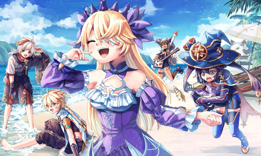 2boys 3girls aether_(genshin_impact) armor artist_request bare_shoulders beach black_dress black_gloves black_hair blonde_hair blue_capelet blue_hat blue_sky blue_sleeves blue_thighhighs braid braided_ponytail brown_pants capelet closed_eyes cloud cloudy_sky conch detached_sleeves dress fischl_(ein_immernachtstraum)_(genshin_impact) fischl_(genshin_impact) genshin_impact gloves guitar hat hat_ornament headdress highres instrument japanese_clothes kaedehara_kazuha large_hat medium_hair mona_(genshin_impact) multicolored_hair multiple_boys multiple_girls ocean open_mouth outdoors pants purple_dress purple_sleeves red_hair sand scarf shorts shoulder_armor single_braid sky smile streaked_hair teeth thighhighs two-tone_hair upper_teeth_only vambraces water white_gloves white_hair white_scarf witch_hat xinyan_(genshin_impact) yellow_eyes