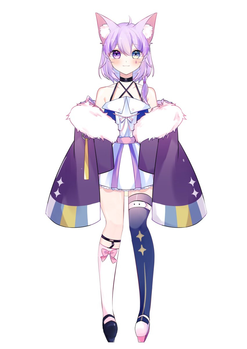 1girl absurdres ahoge animal_ear_fluff animal_ears armpit_crease arms_at_sides asymmetrical_footwear asymmetrical_legwear bare_shoulders black_choker black_shoes blue_eyes blue_thighhighs blush bow bow_legwear braid choker closed_mouth collarbone commentary_request criss-cross_straps double-parted_bangs dress eyes_visible_through_hair full_body fur-trimmed_jacket fur_trim hair_between_eyes hair_tie heterochromia highres indie_virtual_youtuber jacket legwear_garter looking_at_viewer mismatched_footwear mismatched_legwear off_shoulder open_clothes open_jacket pink_bow pink_ribbon platform_shoes pleated_dress purple_eyes purple_hair purple_jacket raised_eyebrows ribbon shoes short_dress short_hair side_braid simple_background single_braid single_legwear_garter single_sock single_thighhigh sleeveless sleeveless_dress sleeves_past_fingers sleeves_past_wrists smile socks solo sparkle_print standing straight-on teardrop_facial_mark thighhighs uneven_legwear virtual_youtuber wangying_(itswasuutsu) wangying_(vtuber) white_background white_dress white_shoes white_socks wide_sleeves wolf_ears wolf_girl