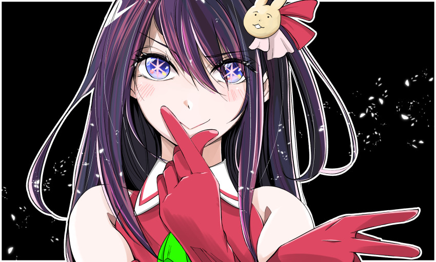 1girl bare_shoulders black_background black_hair commentary gloves hair_ornament highres hoshino_ai idol kou(likeathing) long_hair looking_at_viewer oshi_no_ko outline rabbit_hair_ornament red_gloves sleeveless solo star-shaped_pupils star_(symbol) symbol-shaped_pupils white_outline
