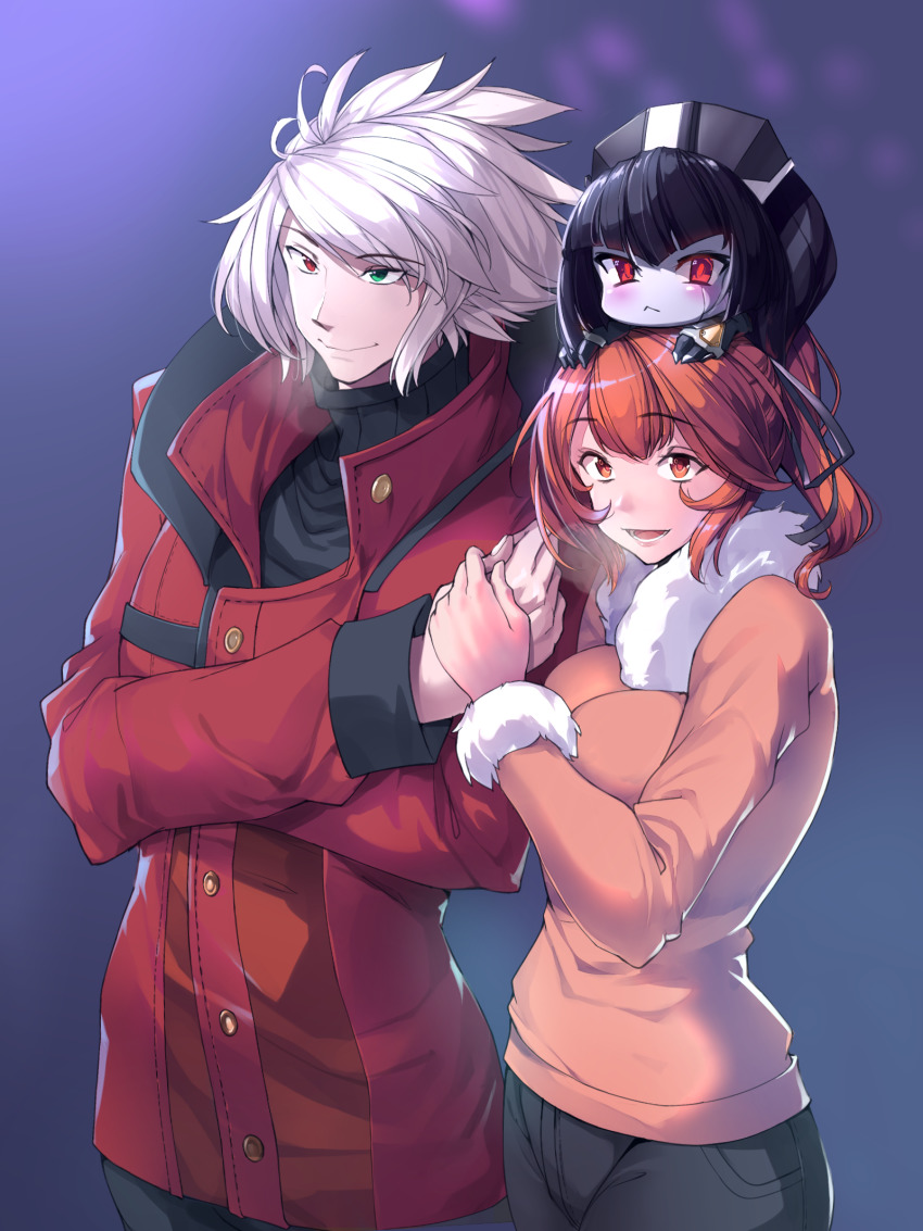 1boy 1girl blazblue bonkiru breasts brown_hair brown_jacket celica_a._mercury coat green_eyes hair_ribbon holding_hands highres jacket light md5_mismatch minerva_(blazblue) open_mouth outdoors ponytail ragna_the_bloodedge red_eyes red_jacket ribbon smile white_hair winter_clothes winter_coat