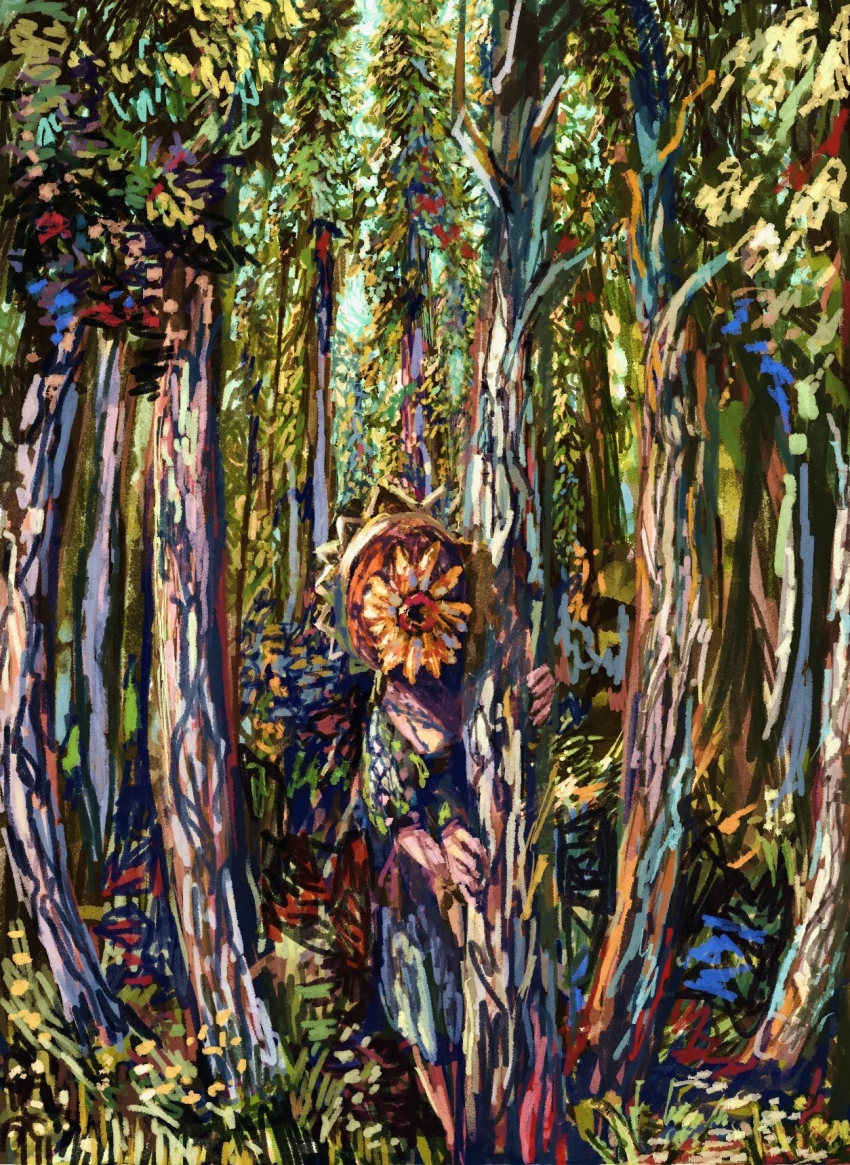 1girl covered_face day dress fate/grand_order fate_(series) flower forest grass highres nature outdoors short_sleeves solo standing sunflower t0da tree van_gogh_(fate)
