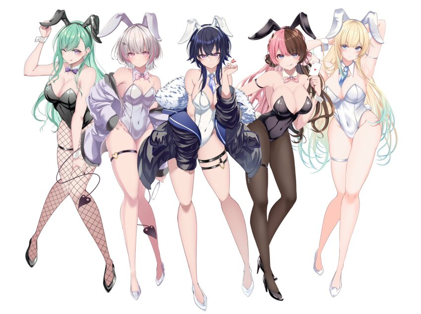 5girls aizawa_ema animal_ears asumi_sena bare_shoulders black_hair blonde_hair blue_eyes blue_hair blunt_bangs bow bowtie breasts brown_hair cattleya_regina_games cleavage demon_tail ear_piercing earrings fake_animal_ears fake_tail fur-trimmed_jacket fur_trim gradient_hair green_hair grey_hair hair_behind_ear hair_between_eyes hair_bow hair_ornament high_heels highres ichinose_uruha iris_black_games jacket jewelry large_breasts leotard long_hair looking_at_viewer lupinus_virtual_games medium_breasts mole mole_on_breast multicolored_hair multiple_girls necktie one_eye_closed piercing pink_eyes pink_hair playboy_bunny purple_eyes rabbit_ears ribbon simple_background siroha_lux small_breasts smile split-color_hair streaked_hair swept_bangs tachibana_hinano tail tongue tongue_out two-tone_hair very_long_hair virtual_youtuber vspo! white_background yakumo_beni