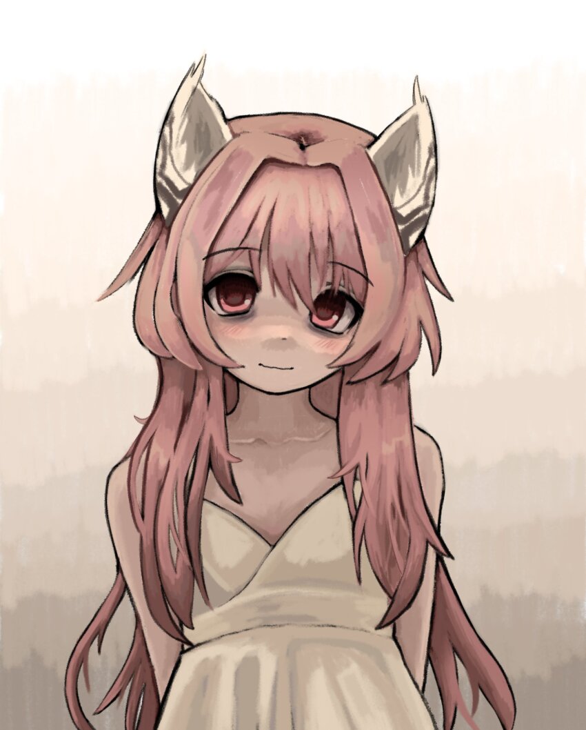 1girl animal_ears arms_behind_back bags_under_eyes blush cat_ears commentary commission dress flat_chest girls&#039;_frontline hair_intakes highres long_hair persica_(girls&#039;_frontline) pink_eyes pink_hair simple_background smile solo upper_body white_background white_dress zoolpal