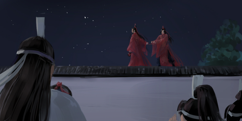 5boys bdsm black_hair bondage bound chinese_clothes chinese_wedding hair_ribbon hand_up hanfu headband high_ponytail holding holding_jug holding_ribbon implied_yaoi jug_(bottle) lan_jingyi lan_sizhui lan_wangji lan_xichen long_hair long_sleeves male_focus modao_zushi multiple_boys night night_sky on_wall open_mouth outdoors ponytail red_hanfu red_ribbon ribbon sky standing star_(sky) topknot tree wei_wuxian white_hanfu white_headband wide_sleeves xianduguaitan xiao_guan_(headdress)