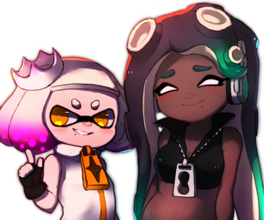 2girls black_hair breasts commentary_request crop_top dark-skinned_female dark_skin fingerless_gloves gloves gradient_hair headphones inkling long_hair looking_at_viewer marina_(off_the_hook_outfit)_(splatoon) marina_(splatoon) midriff mole mole_under_mouth multicolored_hair multiple_girls navel nintendo octoling pearl_(off_the_hook_outfit)_(splatoon) pearl_(splatoon) pink_hair smile splatoon_(series) splatoon_2 stomach suction_cups tentacle_hair two-tone_hair white_hair wuju59 zipper